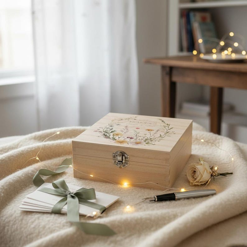 Personalised Wooden Box Wedding Keepsake Memory Gift Gentle Floral ...