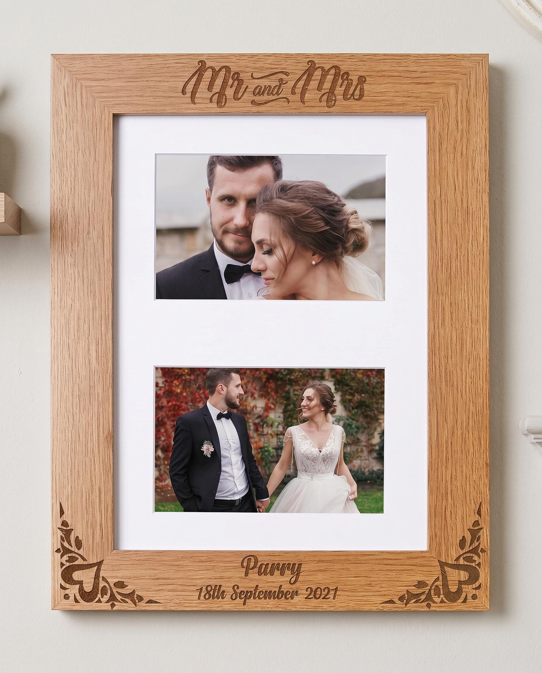 Personalised Mr and Mrs Wedding Double Photo Landscape Wooden