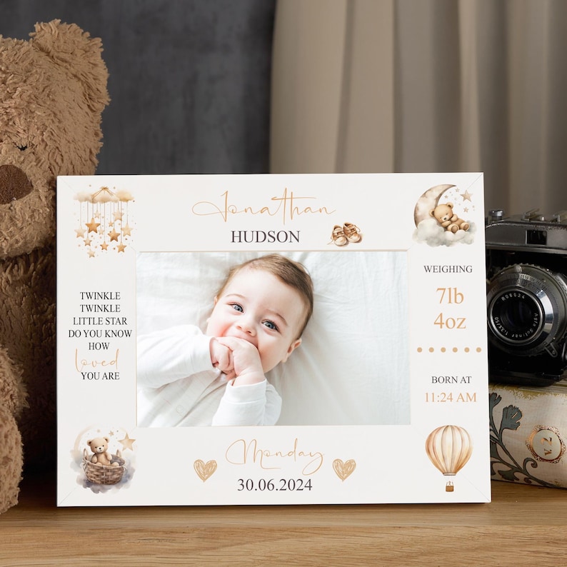 Personalised Baby Photo Frame With Birth Details and Cute Teddy Design ...