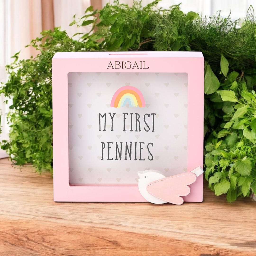 Personalised Engraved Money Box Frame My First Pennies - Pink Bird ...