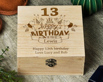 Personalised 13th Birthday Wooden Keepsake Box Gift Engraved