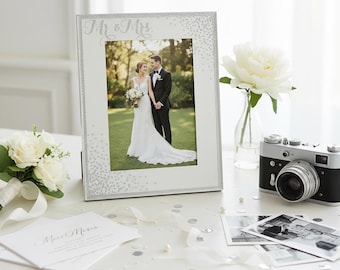 Puede incluir: Un marco de fotos plateado con las palabras "Mr. & Mrs." en la parte superior, decorado con purpurina plateada. El marco contiene una foto de una pareja de novios. También hay un ramo de rosas blancas y una cámara vintage.