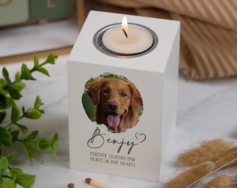Personalised Pet Memorial Photo Candle Tealight Holder | White Painted Wood | Inset Metal Dish | 10Cm X 7Cm