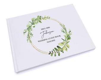 Personalised Wedding Guest Book Eucalyptus and Gold Wreath