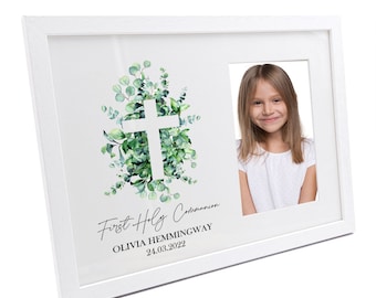 Personalised First Holy Communion White Photo Frame Gift With Cross