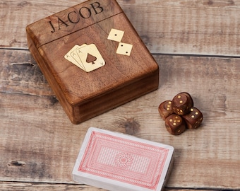 Personalised Luxury Playing Card And Dice Box mens personalised gift- wooden card set- travel game- games for him - birthday cards gift