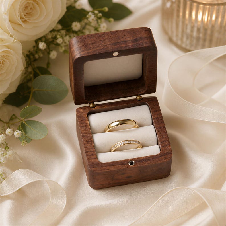A wooden box containing two gold wedding rings, placed on a white cloth with a floral arrangement in the background.