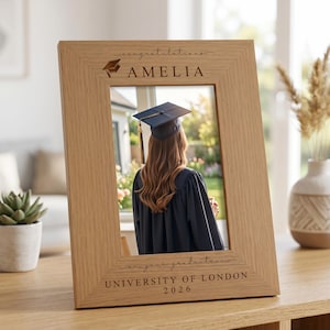 Elegant Graduation Frame: Personalised Portrait With University - Engraved Wood, Glass Front, Wall or Table Display