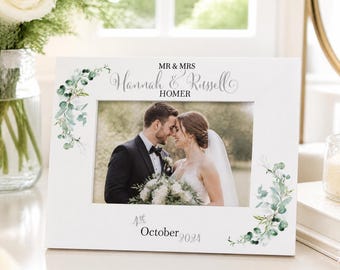 Personalised Gifts | White Wooden Photo Frame | Eucalyptus Leaves, Wedding Day, Mr & Mrs, 6X4 Display