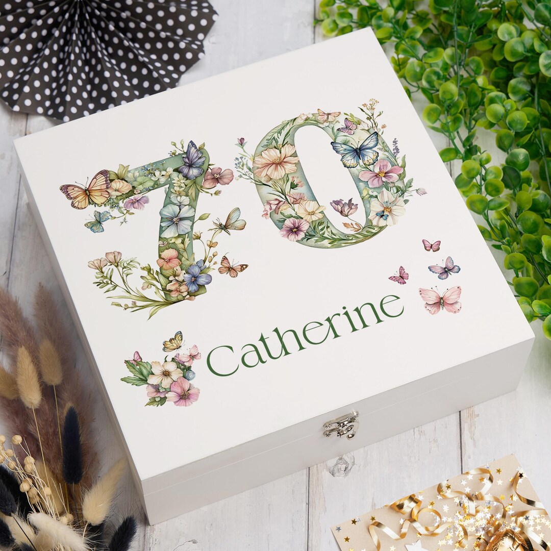 Personalised 70th Birthday Memory Box, Keepsake Box Gift With Flowers ...