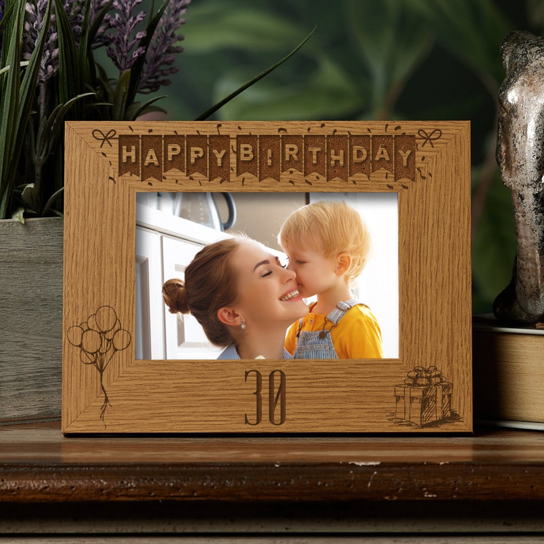 Happy 30th Birthday Engraved Photo Frame Gift Stars and Balloons ...