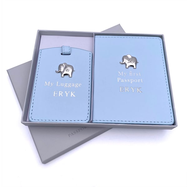 Personalised Elephant Baby Boy Passport Cover and Luggage Tag Holder Gift