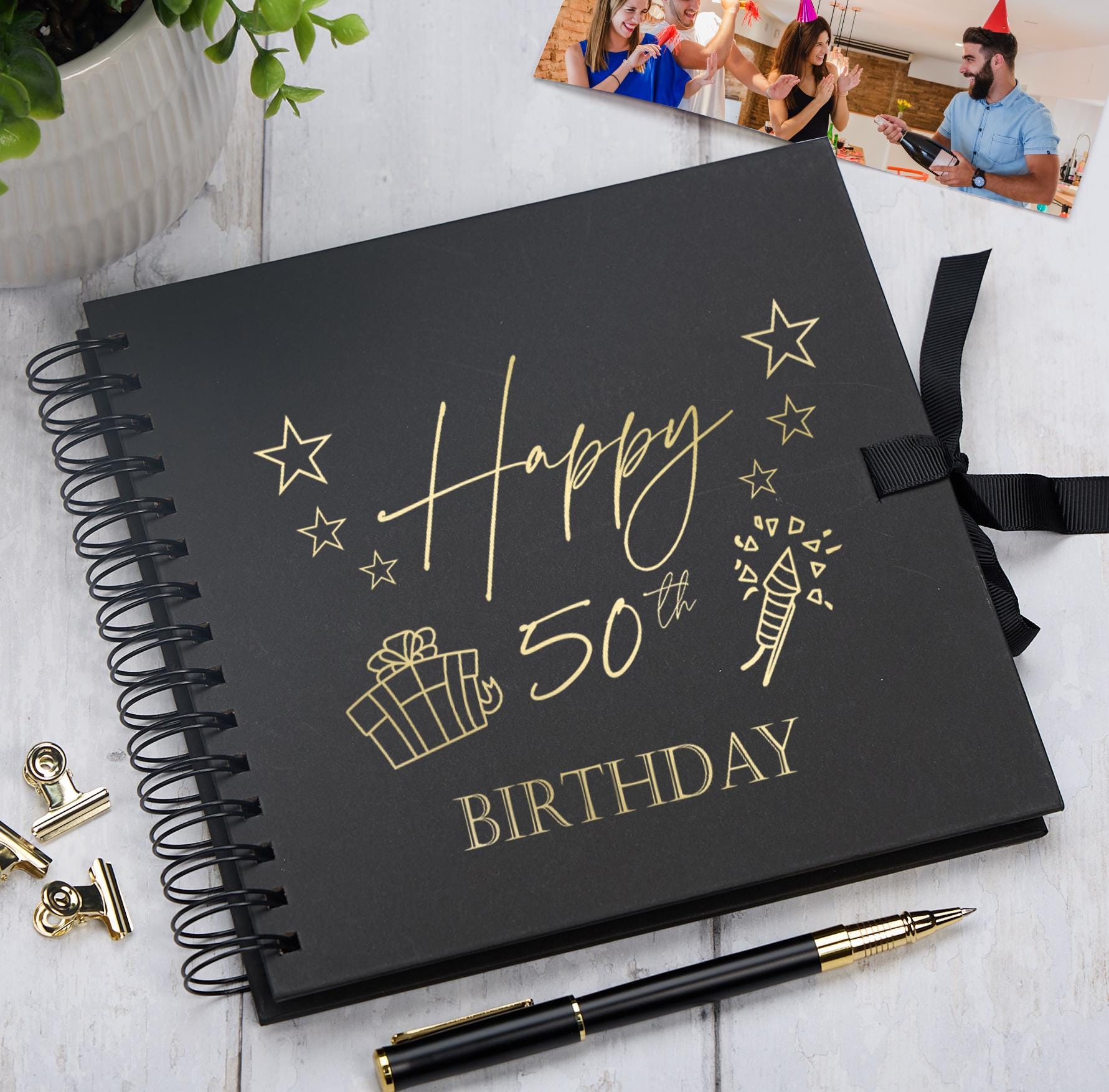 50th Birthday Black Scrapbook Photo Album With Gold Script Present