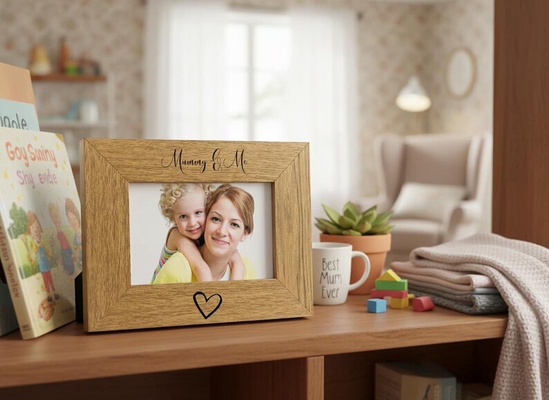 A wooden picture frame with a photo of a woman and a child, along with a heart symbol, sits on a wooden shelf in a cozy living room.