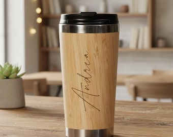 Personalised Bamboo Insulated Travel Mug Gift Any Name Script Font