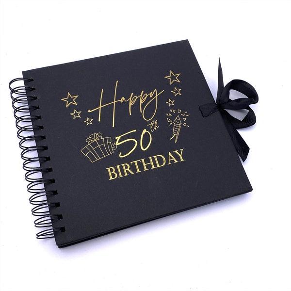 50th Birthday Black Scrapbook Photo album With Gold Script Present Design