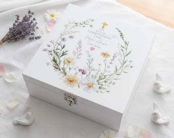Personalised christening, Baptism or Communion gift Keepsake Memory Box Delicate Floral Design