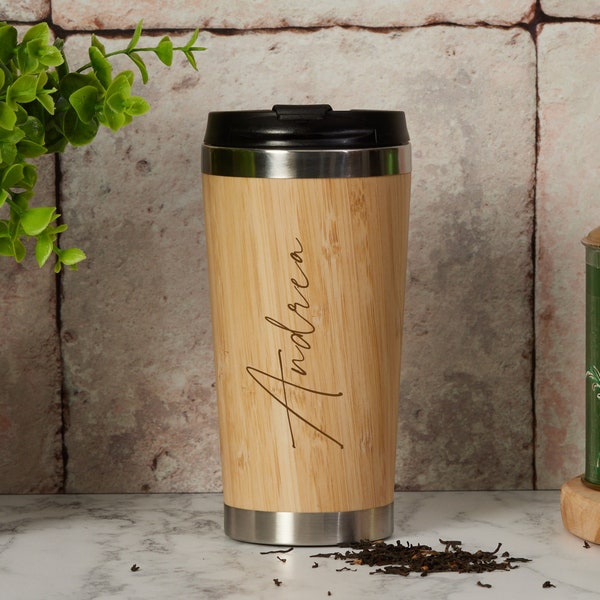 Personalised Bamboo Insulated Travel Mug Gift Any Name Script Font