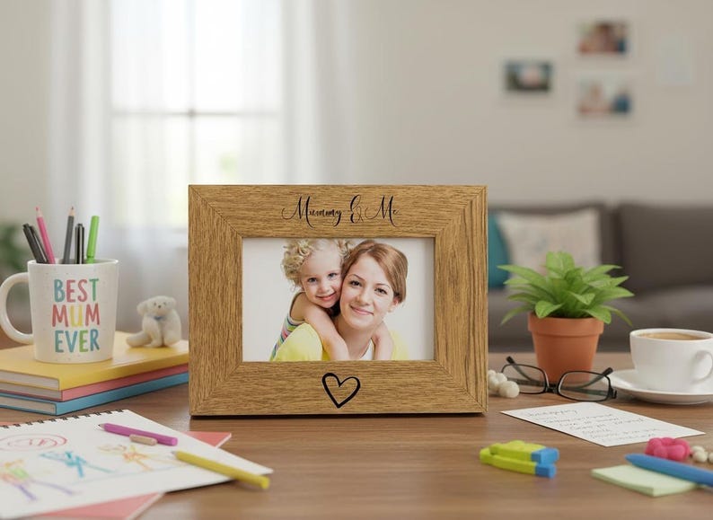 a wooden picture frame with a photo of a woman and a child, placed on a desk with various items such as a coffee mug, a plant, and some papers.
