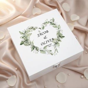 Personalised Luxury Wooden Wedding Box Keepsakes With Green Floral Heart Gift For Couple