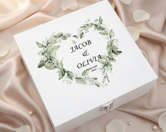 Personalised Luxury Wooden Wedding Box Keepsakes With Green Floral Heart Gift For Couple