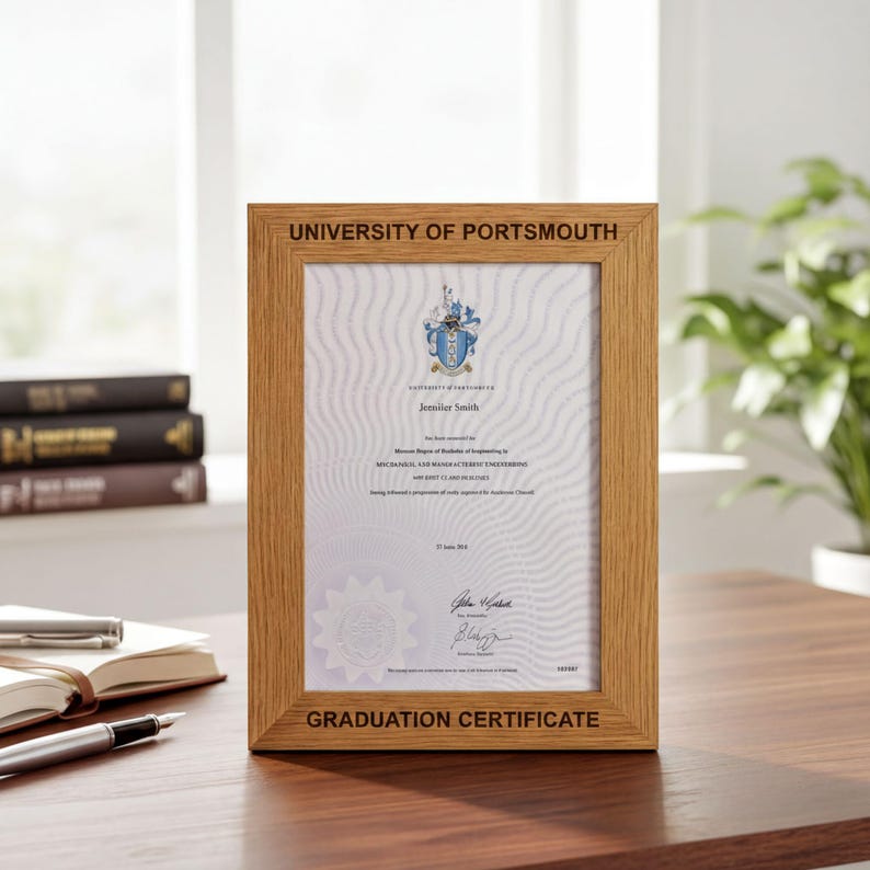 A wooden frame with a graduation certificate from the University of Portsmouth, placed on a wooden desk with a pen and a book.