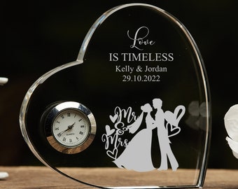 Engraved Heart Crystal Glass Clock Wedding Gift Or Wedding Present  Gift