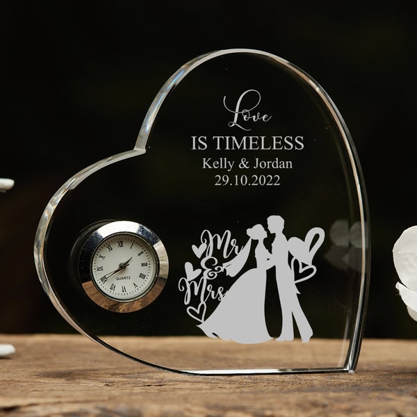 Engraved Heart Crystal Glass Clock Wedding Gift Or Wedding Present  Gift