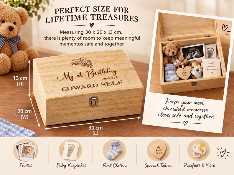 a teddy bear sitting next to a wooden box
