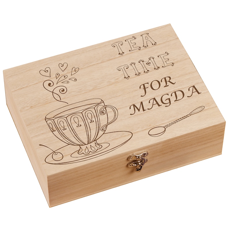 Personalised Tea Box Engraved With Tea Cup and Love Hearts - Etsy UK