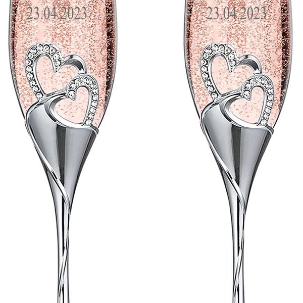 Personalised Double Heart Set Of Two Champagne Flute with Sparkling Crystals