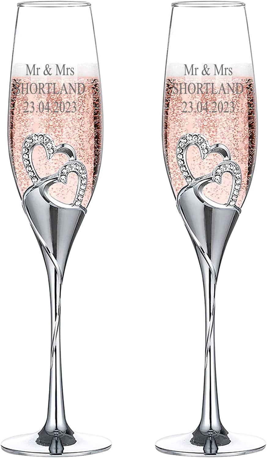 Personalised Double Heart Set Of Two Champagne Flute with Sparkling Crystals