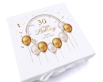 Personalised 30th Birthday Keepsake Box Gift With Gold Balloons