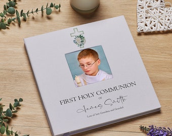 Personalised Communion Photo Album Linen Cover With Green Cross