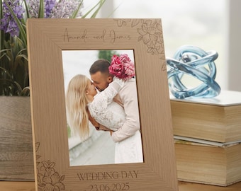 Personalised Wooden Engraved Photo Frames Wedding Any Message Multiple Sizes With Orchid Flowers