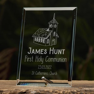 Personalised First Holy Communion Keepsake Gift Glass Plaque With Church Design