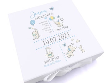 Personalised Baby Boy Elephants Design Keepsake Memory Box