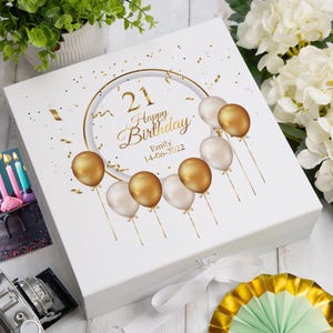 Personalised 21st Birthday Keepsake Box Gift With Gold Balloons