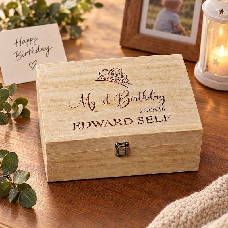 A wooden box with the inscription "My first birthday 26/09/18 EDWARD SELF" engraved on it, placed on a wooden surface. There is also a card with the message "Happy Birthday" written on it, and a small picture frame with a photo of a child.