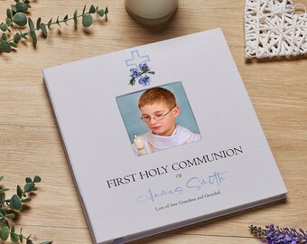 Personalised Communion Photo Album Linen Cover With Blue Cross