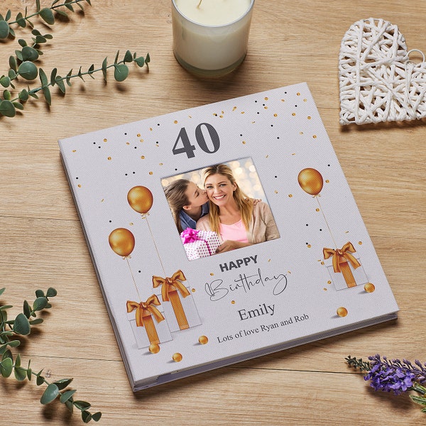 Personalised 40th Birthday Photo Album Linen Cover With Gold Balloons