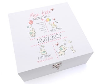 Personalised Baby Girl Elephants Design Keepsake Wooden Box