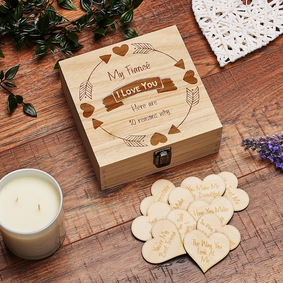 Fiancée Gift 10 reasons why I Love you Wooden Box and Hearts