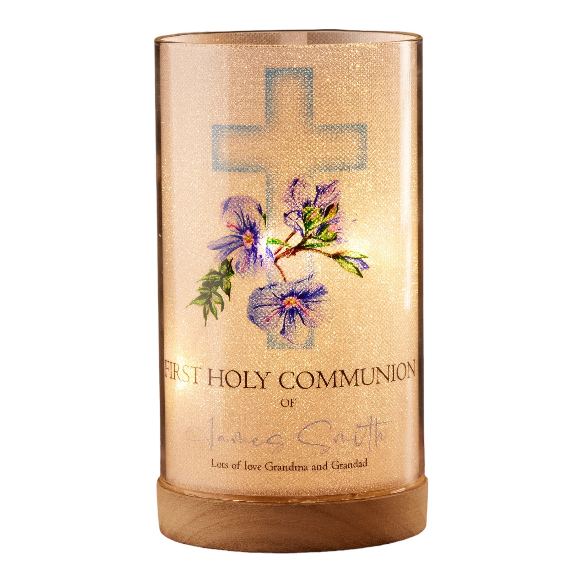 Personalised Holy Communion Lamp Light up Gift With Floral Blue Cross ...