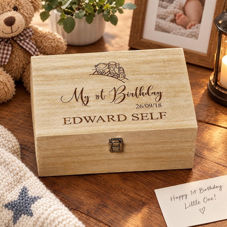 A wooden box with a personalized message engraved on it, sitting on a wooden surface next to a teddy bear and a framed photo.