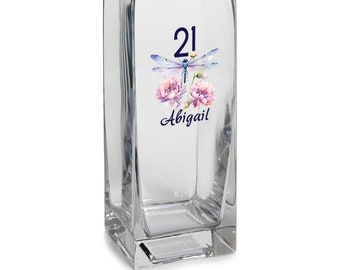 Personalised Birthday Flower Vase Gift Any Age With Dragonfly 70th, 60th, 50th, 40th, 30th, 21st