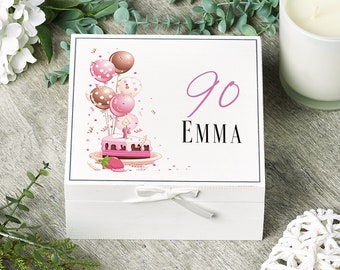 Personalised 90th Birthday Vintage Wooden Box Keepsake Gift With Cake