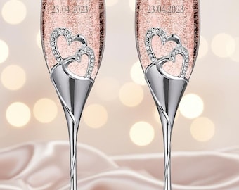 Personalised Double Heart Set Of Two Champagne Flute with Sparkling Crystals