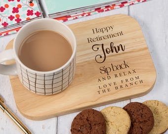 Personalised Gift For Retirement Wooden Drink Serving Board With Name and Sentiment