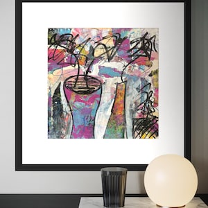 One Of A Kind Abstract Wall Art - Collage Oil Acrylic Mixed Media Painting On Canvas -  12 x 12 - Blue Pink Purple Black
